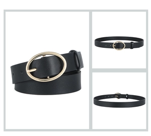 Detail of black leather belt with golden oval buckle showing texture and closure mechanism