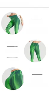 Detail view of high waist green yoga leggings showing elastic fabric and butt lift effect