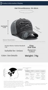 Detailed size chart for vintage washed cotton baseball cap with specific measurements