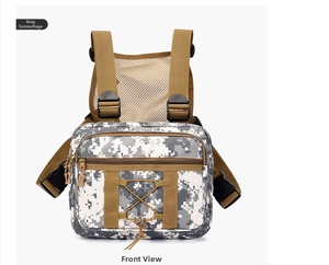Front view of grey digital camo tactical chest bag with breathable mesh and khaki straps