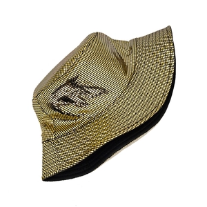 Detail of gold metallic square texture on foldable laser fabric bucket hat for women