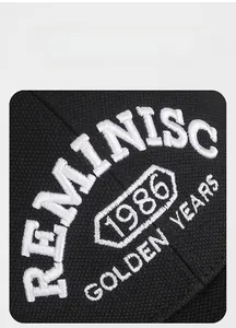 Close-up of 1986 3D embroidery on black textured fabric of the baseball cap