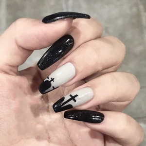 Gothic Press On Nails Long Coffin Shape Black White Cross Heart Pattern Dark Style Halloween False Nails