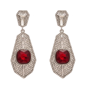 Vintage geometric earrings with sparkling white crystals and large red square gemstone