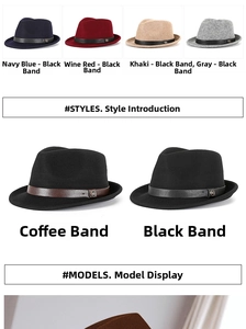 Detail view of winter wool felt fedora hats with leather belts and metal M logo