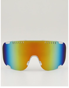 Close-up of polarized iridescent replacement lens for cycling sunglasses with mirror coating