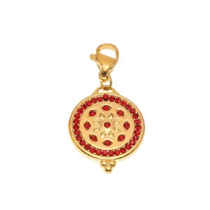 Stainless steel round pendant with red zircon inlay and golden lobster clasp