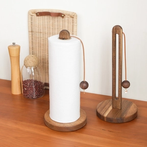 Vertical acacia wood kitchen paper towel holder with leather strap and weighted wooden ball