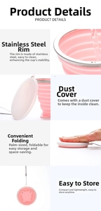 Detail of pink silicone folding cup with stainless steel rim and panda base design