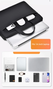 Internal storage layout for 14-inch laptop bag showing compartments for tech accessories