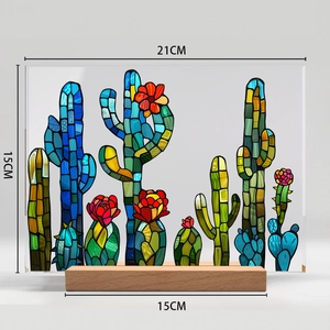 Close-up of 21x15cm 3D floral acrylic desk ornament with cactus art and wooden base
