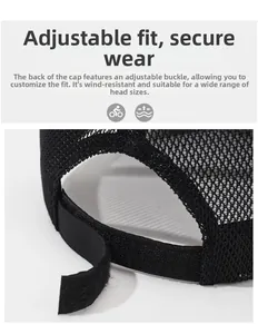 Detailed view of the adjustable velcro strap and breathable mesh fabric on the black cap