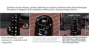 Bamboo shaped ceramic backflow incense burner showing dimensions 6.8cm length and 11.0cm height