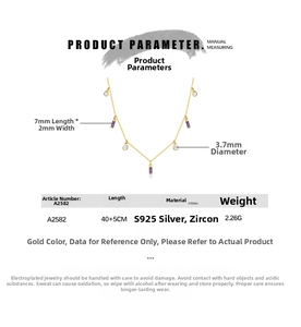 Macro detail of gold S925 silver necklace with purple zircon and chain measurements