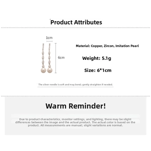 Detail view of water drop tassel earrings with pearls, zircons and size specifications