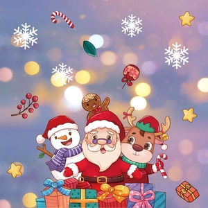 Detail of Christmas window stickers featuring Santa, snowman, and reindeer illustrations