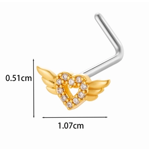 L-shaped gold heart wing nose stud with clear zircons and 1.07cm size detail