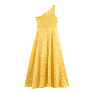 French style one-shoulder yellow maxi dress with ruffles and textured fabric design