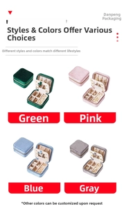 Detailed grid view of velvet jewelry boxes in green, pink, blue, and gray colors