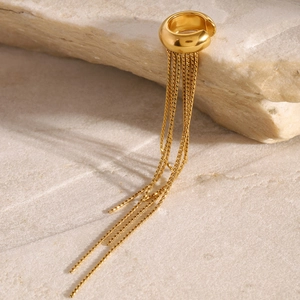 Elegant gold stainless steel tassel ear bone clip shown on a natural stone background