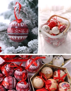 Detailed view of festive Christmas ornaments with red ribbons in a gift box