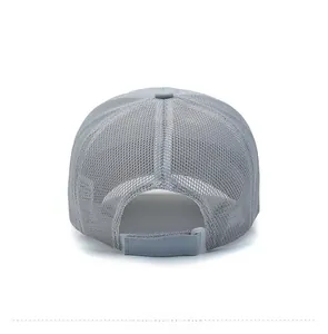 Detailed back view of a grey mesh baseball cap featuring an adjustable velcro strap