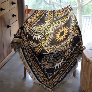 Bohemian Woven Throw Blanket Poly Cotton Jacquard Tassels Sun Moon Astrology Outdoor Camping Sofa Cover Nap Travel