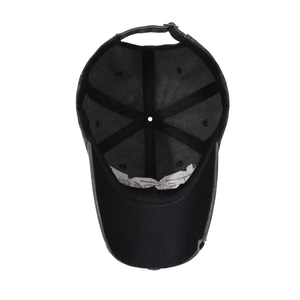 Distressed black vintage baseball cap with washed cotton finish and metal buckle