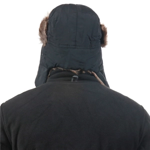 Detail view of the waterproof winter trapper hat with warm faux fur lining from the back