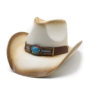Classic straw cowboy hat with distressed brim and blue turquoise stone decorative band