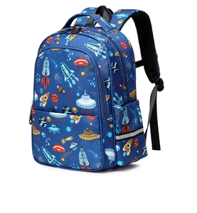 Close-up of blue kids backpack with space rocket prints and safety reflective strips