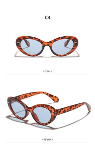 Front and 45-degree side views of tortoise shell cat-eye sunglasses with blue lenses