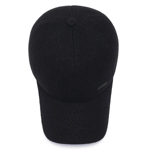 Winter black wool baseball cap for elderly men with ear protection and sport label