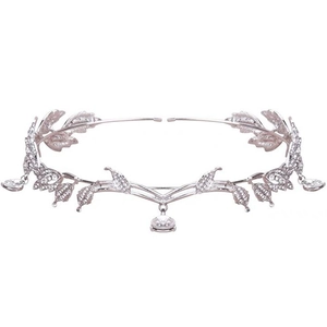 Silver bridal leaf crown forehead jewelry with sparkling crystals and drop pendants