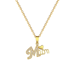 Gold-plated Mom letter necklace with sparkling crystals and a small heart pendant