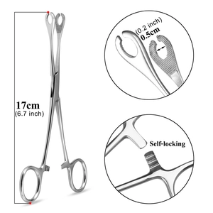 Dettaglio pinza piercing in acciaio inox da 17 cm autobloccante con misure dimensionali