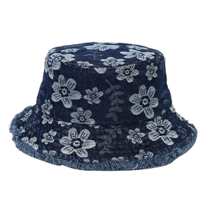 Retro denim bucket hat with white floral pattern and stylish frayed edges for women
