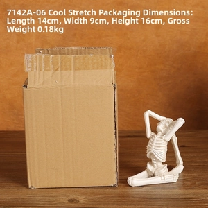 Detail showing stretching yoga skeleton resin ornament with packaging size 14x9x16cm