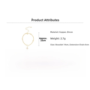 Detailed view of gold layered bracelet with zircon cross pendant and size specifications