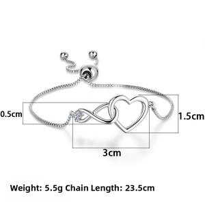 Detail of zircon heart infinity bracelet with adjustable slide clasp and dimensions