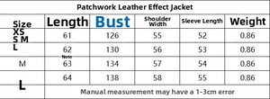 Size chart detail for patchwork leather effect jacket showing measurements in centimeters