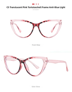 Detailed view of pink tortoiseshell cat eye glasses with anti-blue light clear lenses
