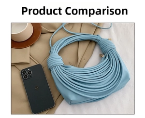 Sky blue woven knot handbag size comparison with smartphone for daily capacity view