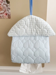 Light blue quilted heart tissue bag in a hanging house shape for car and home wall decor