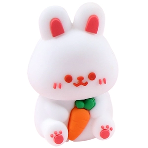 Cute white bunny pencil sharpener holding a carrot for kids, shown on white background