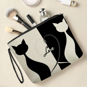 Trousse de maquillage chat noir et blanc portable avec motif Love et dragonne