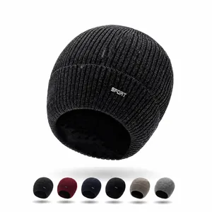 Unisex Winter Warm Dick Rippstrick Beanie Mütze Mit Fleecefutter Sport Buchstabe Metallemblem Outdoor Radfahren Ohrenschutz Kappe
