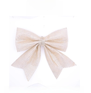 Front view of large Christmas bow ornament with glittering rhinestones for tree decor