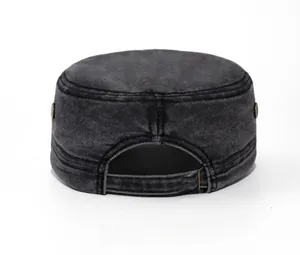 Rear view of washed cotton military cap with adjustable bronze metal buckle strap