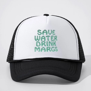 Adjustable black and white trucker hat with Save Water Drink Margs green embroidery